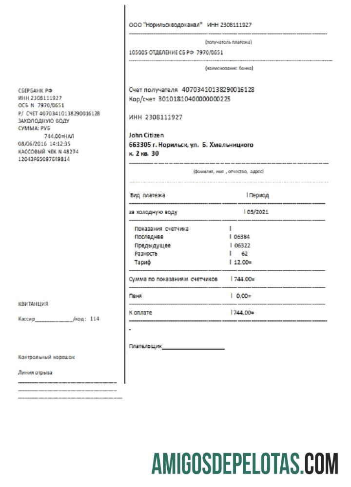 Em branco modelo de conta de serviços públicos de água da Rússia em formato Word e PDF, totalmente editável